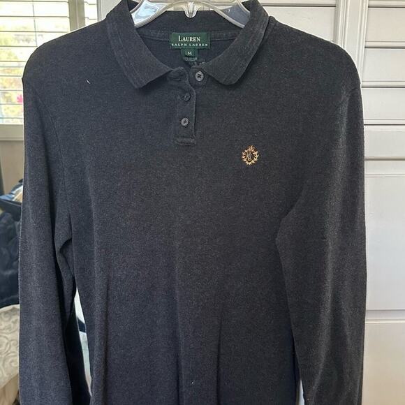 Vintage LRL Gray Long Sleeve Polo Top Cotton size M Green Label - Picture 4 of 6